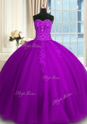 Modern Purple Lace Up Sweetheart Appliques and Embroidery Quinceanera Gown Tulle Sleeveless