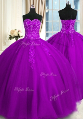 Modern Purple Lace Up Sweetheart Appliques and Embroidery Quinceanera Gown Tulle Sleeveless