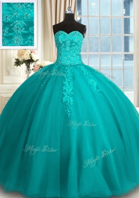 Perfect Teal Tulle Lace Up Sweetheart Sleeveless Floor Length Sweet 16 Dresses Appliques and Embroidery