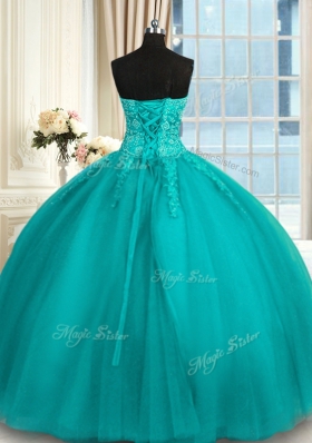 Perfect Teal Tulle Lace Up Sweetheart Sleeveless Floor Length Sweet 16 Dresses Appliques and Embroidery