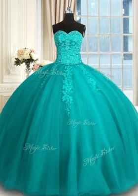 Perfect Teal Tulle Lace Up Sweetheart Sleeveless Floor Length Sweet 16 Dresses Appliques and Embroidery