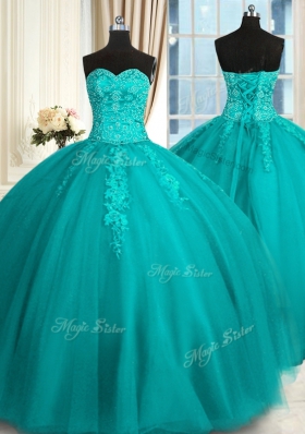 Perfect Teal Tulle Lace Up Sweetheart Sleeveless Floor Length Sweet 16 Dresses Appliques and Embroidery