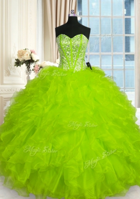 Popular Sweetheart Sleeveless Sweet 16 Dresses Floor Length Beading and Ruffles Organza