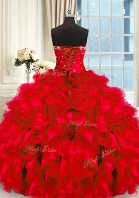 Red Sleeveless Organza Lace Up Quince Ball Gowns for Military Ball and Sweet 16 and Quinceanera