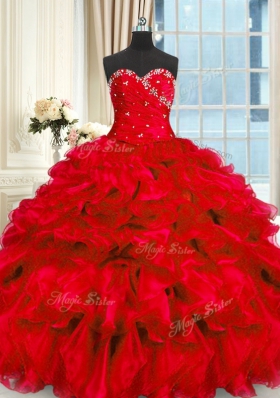 Red Sleeveless Organza Lace Up Quince Ball Gowns for Military Ball and Sweet 16 and Quinceanera