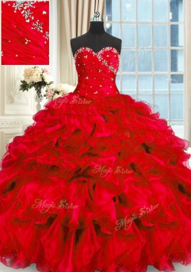 Red Sleeveless Organza Lace Up Quince Ball Gowns for Military Ball and Sweet 16 and Quinceanera