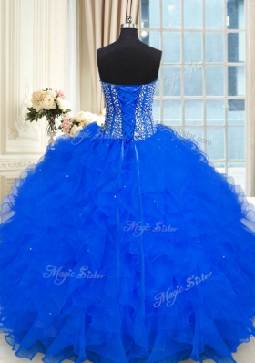 Royal Blue Organza Lace Up Quinceanera Gowns Sleeveless Floor Length Beading and Ruffles