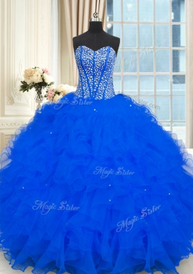 Royal Blue Organza Lace Up Quinceanera Gowns Sleeveless Floor Length Beading and Ruffles