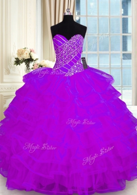 Ruffled Sweetheart Sleeveless Lace Up Quinceanera Dresses Purple Organza