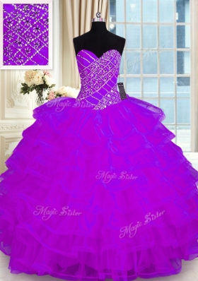 Ruffled Sweetheart Sleeveless Lace Up Quinceanera Dresses Purple Organza