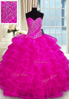 Simple Fuchsia Organza Lace Up Sweet 16 Quinceanera Dress Sleeveless Floor Length Beading and Ruffled Layers