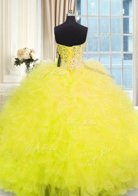 Sweet Three Piece Yellow Strapless Neckline Beading and Ruffles Quinceanera Gown Sleeveless Lace Up