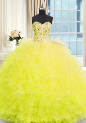 Sweet Three Piece Yellow Strapless Neckline Beading and Ruffles Quinceanera Gown Sleeveless Lace Up