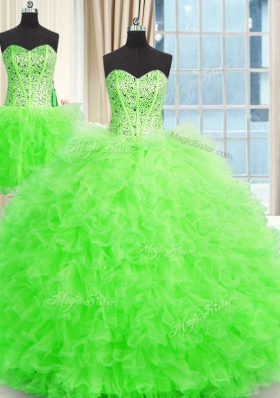 Three Piece Sleeveless Floor Length Beading and Ruffles Lace Up 15 Quinceanera Dress with