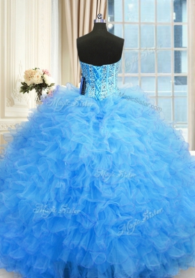 Three Piece Strapless Sleeveless Lace Up Quinceanera Dresses Baby Blue Tulle