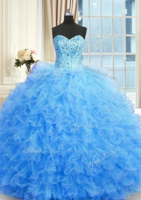 Three Piece Strapless Sleeveless Lace Up Quinceanera Dresses Baby Blue Tulle