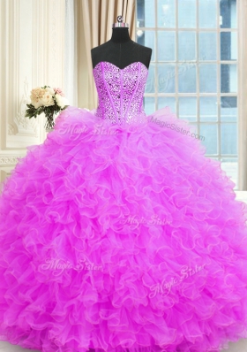 Trendy Three Piece Sleeveless Floor Length Beading and Ruffles Lace Up Quinceanera Gown with Lilac