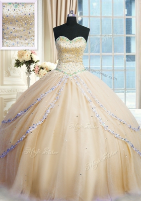 Tulle Sweetheart Sleeveless Court Train Lace Up Beading and Appliques Quinceanera Dress in Champagne