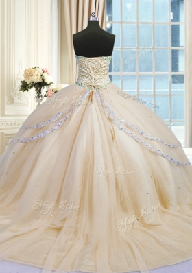 Tulle Sweetheart Sleeveless Court Train Lace Up Beading and Appliques Quinceanera Dress in Champagne