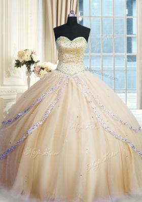 Tulle Sweetheart Sleeveless Court Train Lace Up Beading and Appliques Quinceanera Dress in Champagne