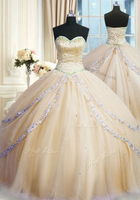 Tulle Sweetheart Sleeveless Court Train Lace Up Beading and Appliques Quinceanera Dress in Champagne