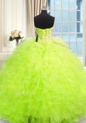 Yellow Green Ball Gowns Strapless Sleeveless Tulle Floor Length Lace Up Beading and Ruffles Sweet 16 Dress