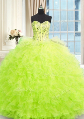 Yellow Green Ball Gowns Strapless Sleeveless Tulle Floor Length Lace Up Beading and Ruffles Sweet 16 Dress
