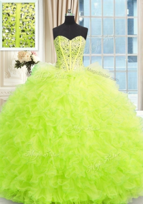 Yellow Green Ball Gowns Strapless Sleeveless Tulle Floor Length Lace Up Beading and Ruffles Sweet 16 Dress