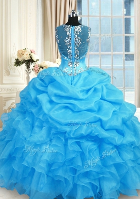 Baby Blue Organza Zipper Straps Sleeveless Floor Length Quince Ball Gowns Beading