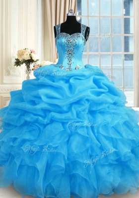 Baby Blue Organza Zipper Straps Sleeveless Floor Length Quince Ball Gowns Beading