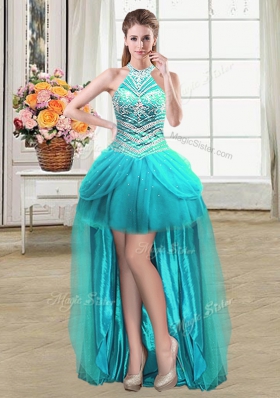 Attractive Four Piece Tulle Halter Top Sleeveless Lace Up Beading and Pick Ups Quinceanera Gowns in Aqua Blue