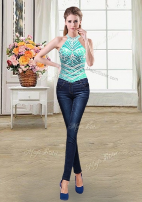 Attractive Four Piece Tulle Halter Top Sleeveless Lace Up Beading and Pick Ups Quinceanera Gowns in Aqua Blue