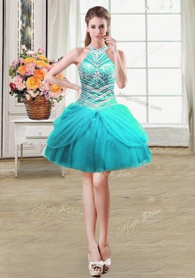 Attractive Four Piece Tulle Halter Top Sleeveless Lace Up Beading and Pick Ups Quinceanera Gowns in Aqua Blue