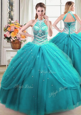 Attractive Four Piece Tulle Halter Top Sleeveless Lace Up Beading and Pick Ups Quinceanera Gowns in Aqua Blue
