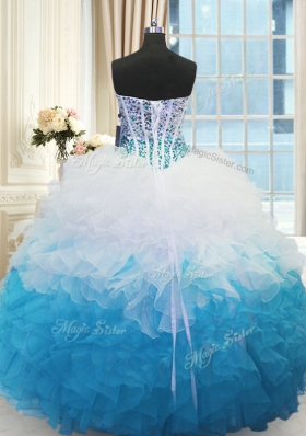 Dramatic Floor Length Ball Gowns Sleeveless Blue And White Sweet 16 Dresses Lace Up