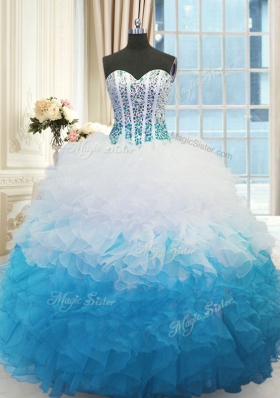 Dramatic Floor Length Ball Gowns Sleeveless Blue And White Sweet 16 Dresses Lace Up