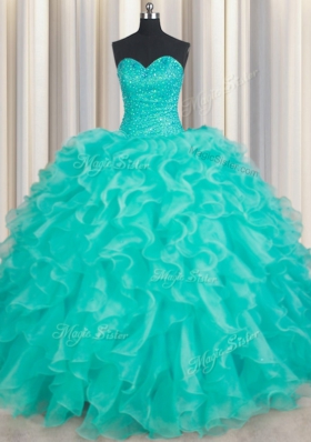 Eye-catching Turquoise Lace Up Sweetheart Beading and Ruffles Quinceanera Gown Organza Sleeveless
