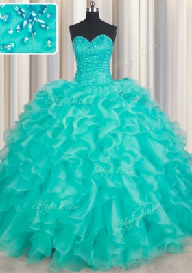 Eye-catching Turquoise Lace Up Sweetheart Beading and Ruffles Quinceanera Gown Organza Sleeveless
