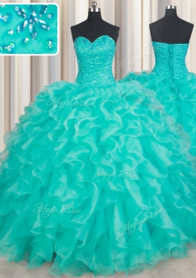 Eye-catching Turquoise Lace Up Sweetheart Beading and Ruffles Quinceanera Gown Organza Sleeveless