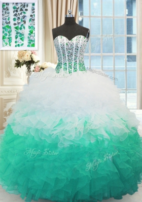 Flirting Sweetheart Sleeveless Organza Quince Ball Gowns Beading and Ruffles Lace Up