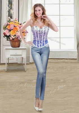 Four Piece Floor Length Ball Gowns Sleeveless White and Blue Quinceanera Gown Lace Up