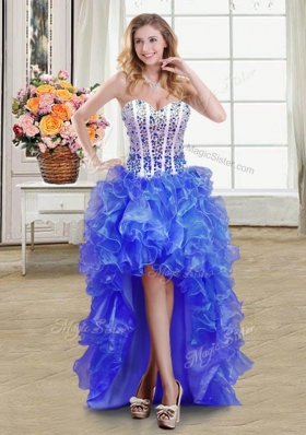 Four Piece Floor Length Ball Gowns Sleeveless White and Blue Quinceanera Gown Lace Up
