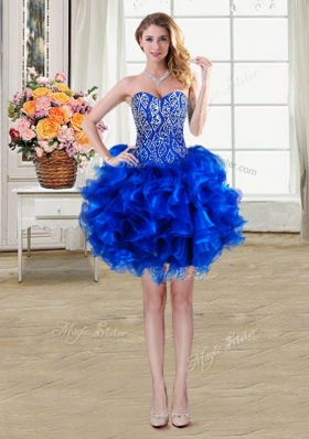 High Class Royal Blue Lace Up Pageant Dress for Teens Beading and Ruffles Sleeveless Mini Length
