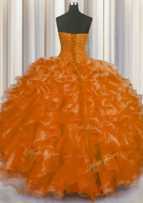 Modern Floor Length Orange Red Sweet 16 Quinceanera Dress Organza Sleeveless Beading and Ruffles