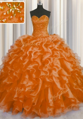Modern Floor Length Orange Red Sweet 16 Quinceanera Dress Organza Sleeveless Beading and Ruffles