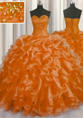Modern Floor Length Orange Red Sweet 16 Quinceanera Dress Organza Sleeveless Beading and Ruffles