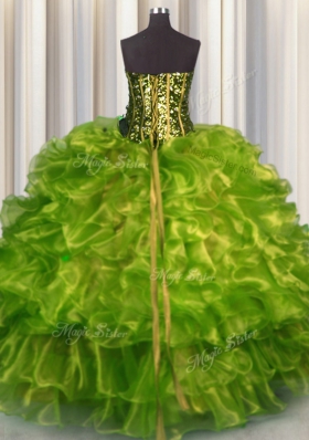 Olive Green Sweetheart Lace Up Beading and Ruffles Ball Gown Prom Dress Sleeveless