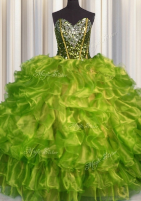 Olive Green Sweetheart Lace Up Beading and Ruffles Ball Gown Prom Dress Sleeveless