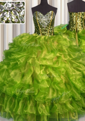 Olive Green Sweetheart Lace Up Beading and Ruffles Ball Gown Prom Dress Sleeveless