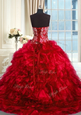 Red Organza Lace Up Sweet 16 Quinceanera Dress Sleeveless Brush Train Beading and Ruffles